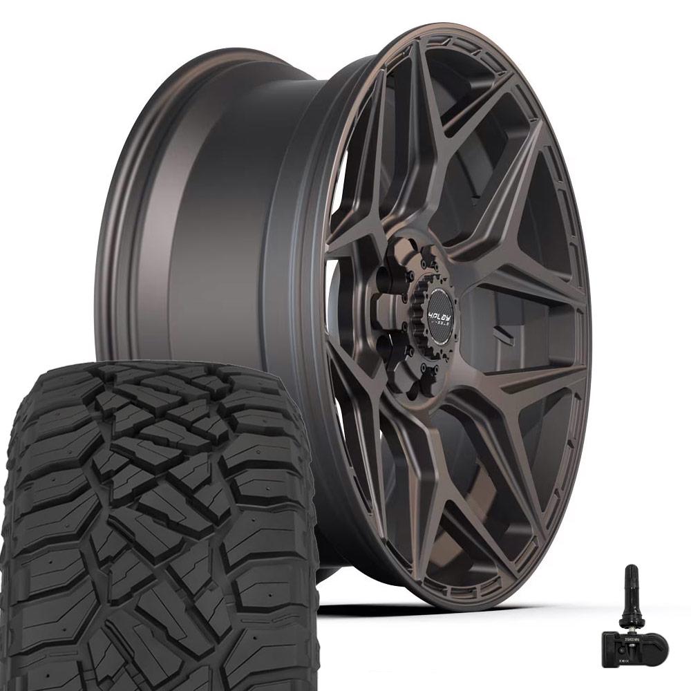 4PLAY 4P06 22x9 6x135 + 6x139.7 Satin Black Wheels 33x12.50-22 Sailun TerraMax RT Tires TPMS SET