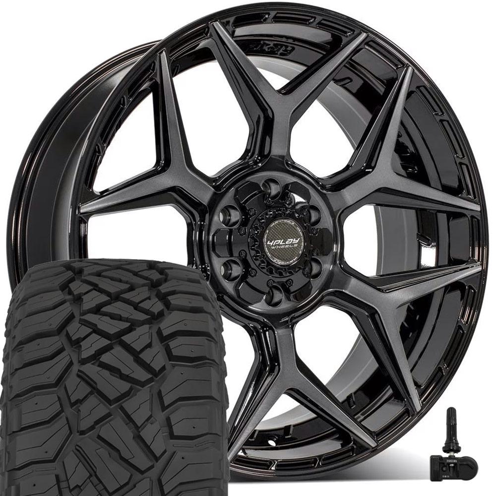 4PLAY 4P06 22x9 6x135 + 6x139.7 Gloss Black Brushed with Tinted Clear Wheels 285-45-22 Sailun TerraMax RT Tires TPMS SET