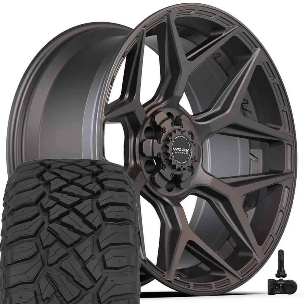 4PLAY 4P06 22x10 6x135 + 6x139.7 Satin Black Wheels 33x12.50-22 Sailun TerraMax RT Tires TPMS SET