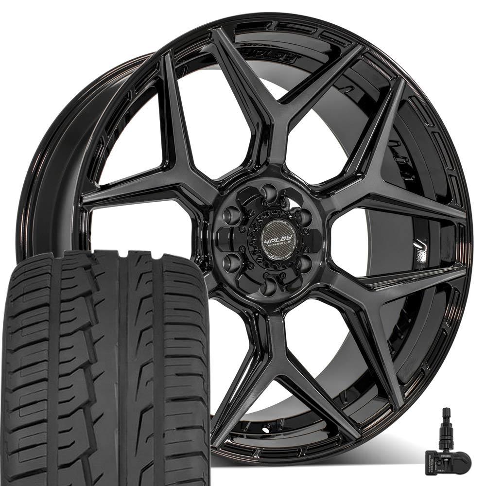 4PLAY 4P06 24x10 6x135 + 6x139.7 Gloss Black Brushed with Tinted Clear Wheels 295-35-24 Ironman iMove GEN 2 Tires TPMS SET