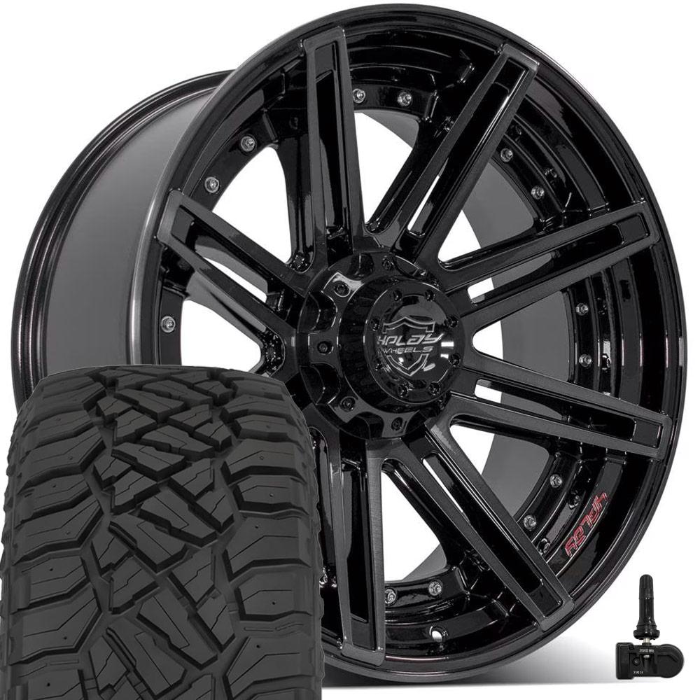 4PLAY 4P08 22x10 5x127 + 5x139.7 Gloss Black Brushed with Tinted Clear Wheels 285-45-22 Sailun TerraMax RT Tires TPMS SET