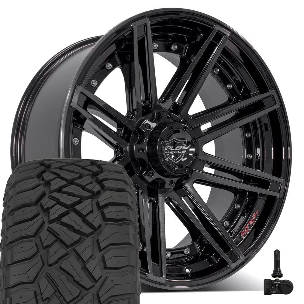 4PLAY 4P08 22x10 6x135 + 6x139.7 Gloss Black Brushed with Tinted Clear Wheels 285-45-22 Sailun TerraMax RT Tires TPMS SET