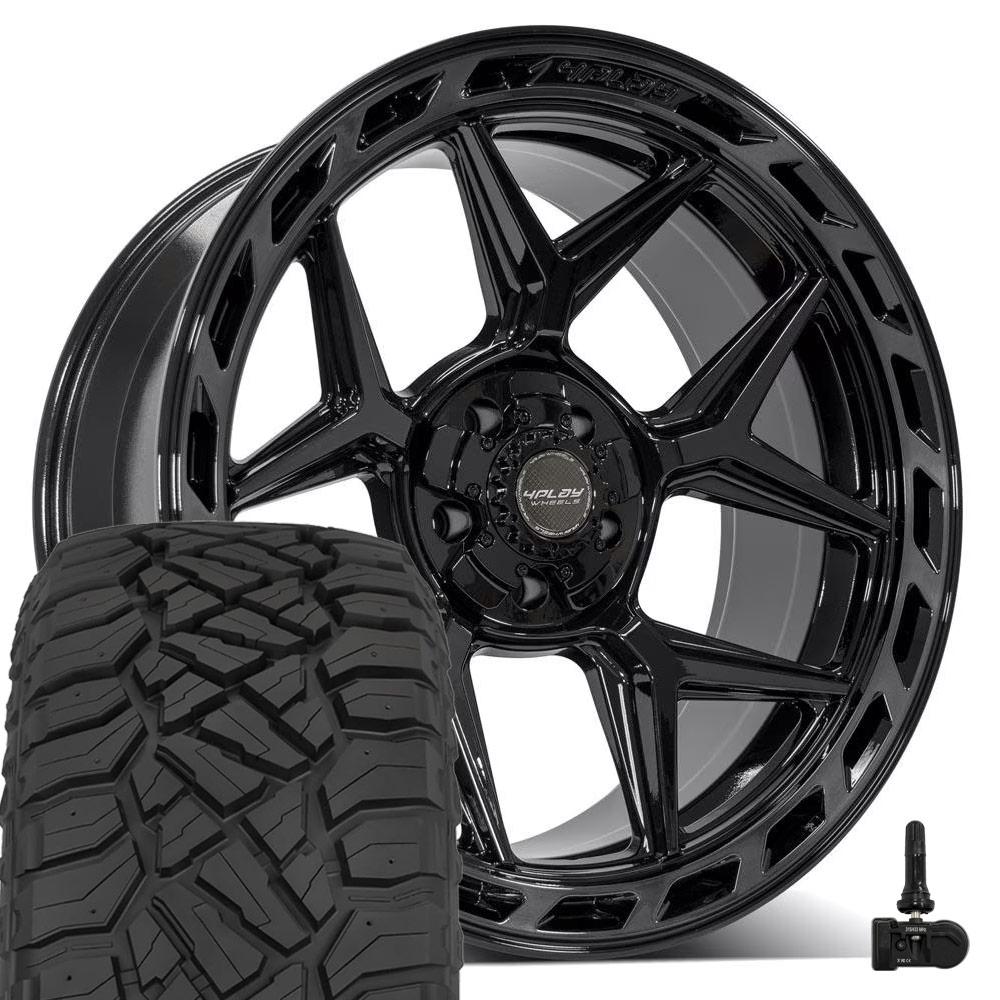 4PLAY 4P55 22x10 5x127 + 5x139.7 Gloss Black Brushed with Tinted Clear Wheels 285-45-22 Sailun TerraMax RT Tires TPMS SET