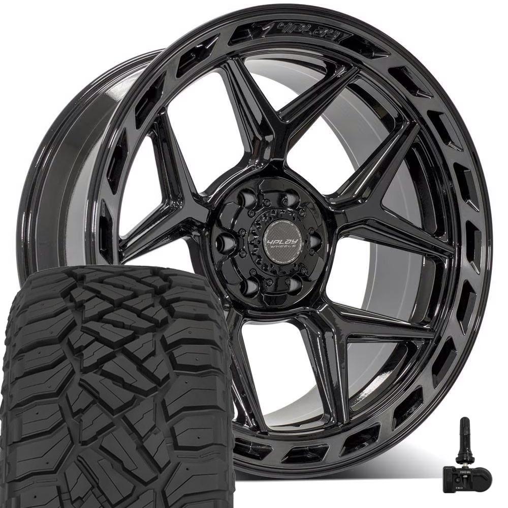 4PLAY 4P55 22x10 6x135 + 6x139.7 Gloss Black Brushed with Tinted Clear Wheels 285-45-22 Sailun TerraMax RT Tires TPMS SET