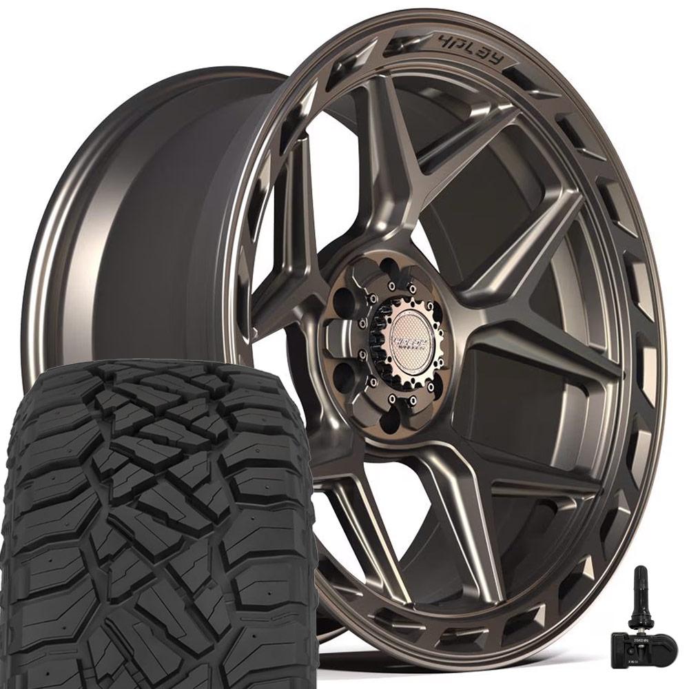 4PLAY 4P55 22x10 6x135 + 6x139.7 Satin Bronze Wheels 33x12.50-22 Sailun TerraMax RT Tires TPMS SET