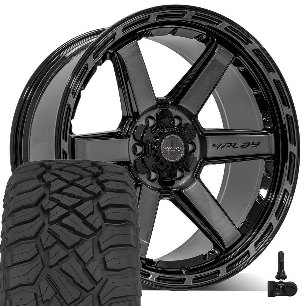 4PLAY 4P63 22x10 6x135 + 6x139.7 Gloss Black Brushed with Tinted Clear Wheels 33x12.50-22 Sailun TerraMax RT Tires TPMS SET