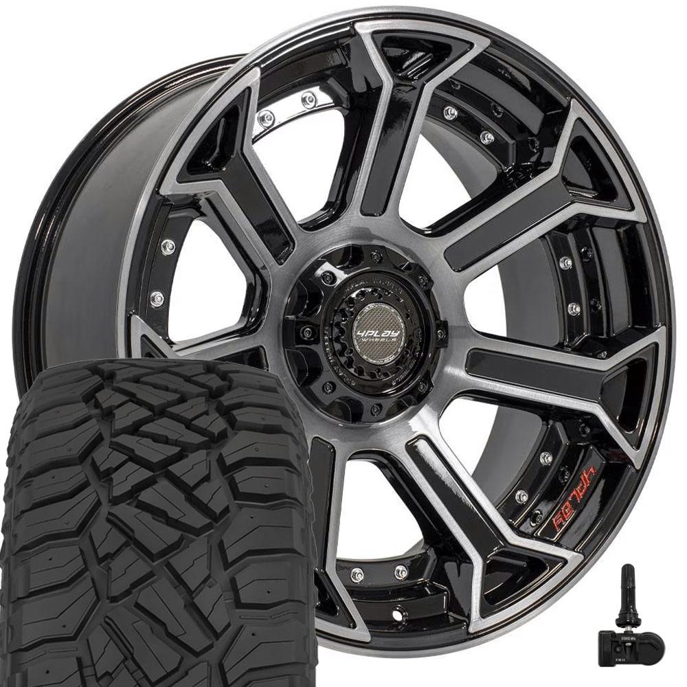 4PLAY 4P70 22x10 5x127 + 5x139.7 Gloss Black Brushed Wheels 285-45-22 Sailun TerraMax RT Tires TPMS SET