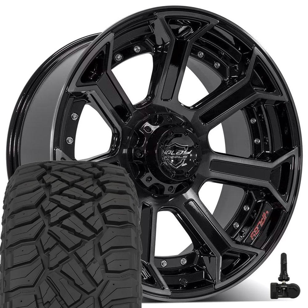 4PLAY 4P70 22x10 5x127 + 5x139.7 Gloss Black Brushed with Tinted Clear Wheels 285-45-22 Sailun TerraMax RT Tires TPMS SET