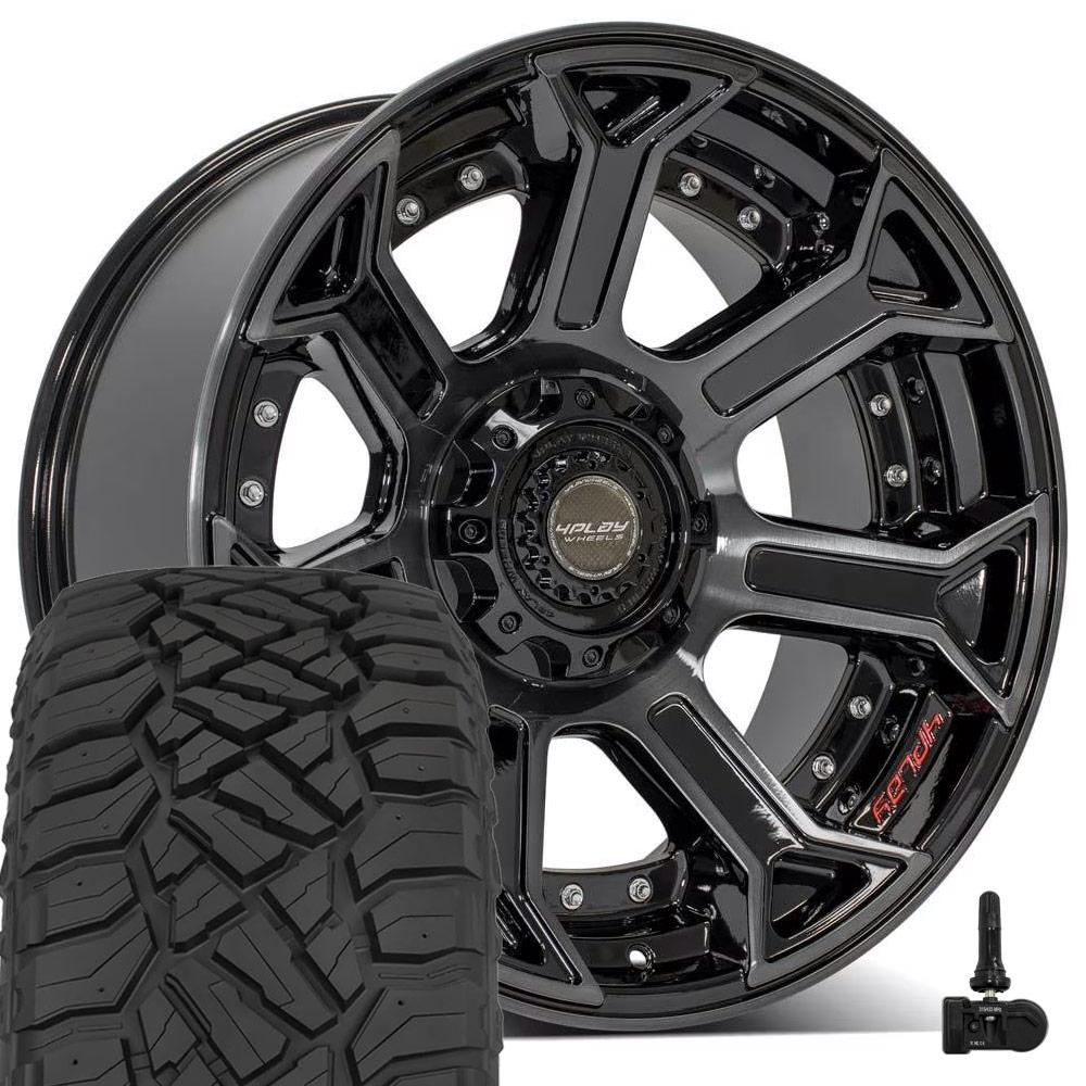 4PLAY 4P70F 22x10 5x127 + 5x139.7 Gloss Black Brushed with Tinted Clear Wheels 285-45-22 Sailun TerraMax RT Tires TPMS SET