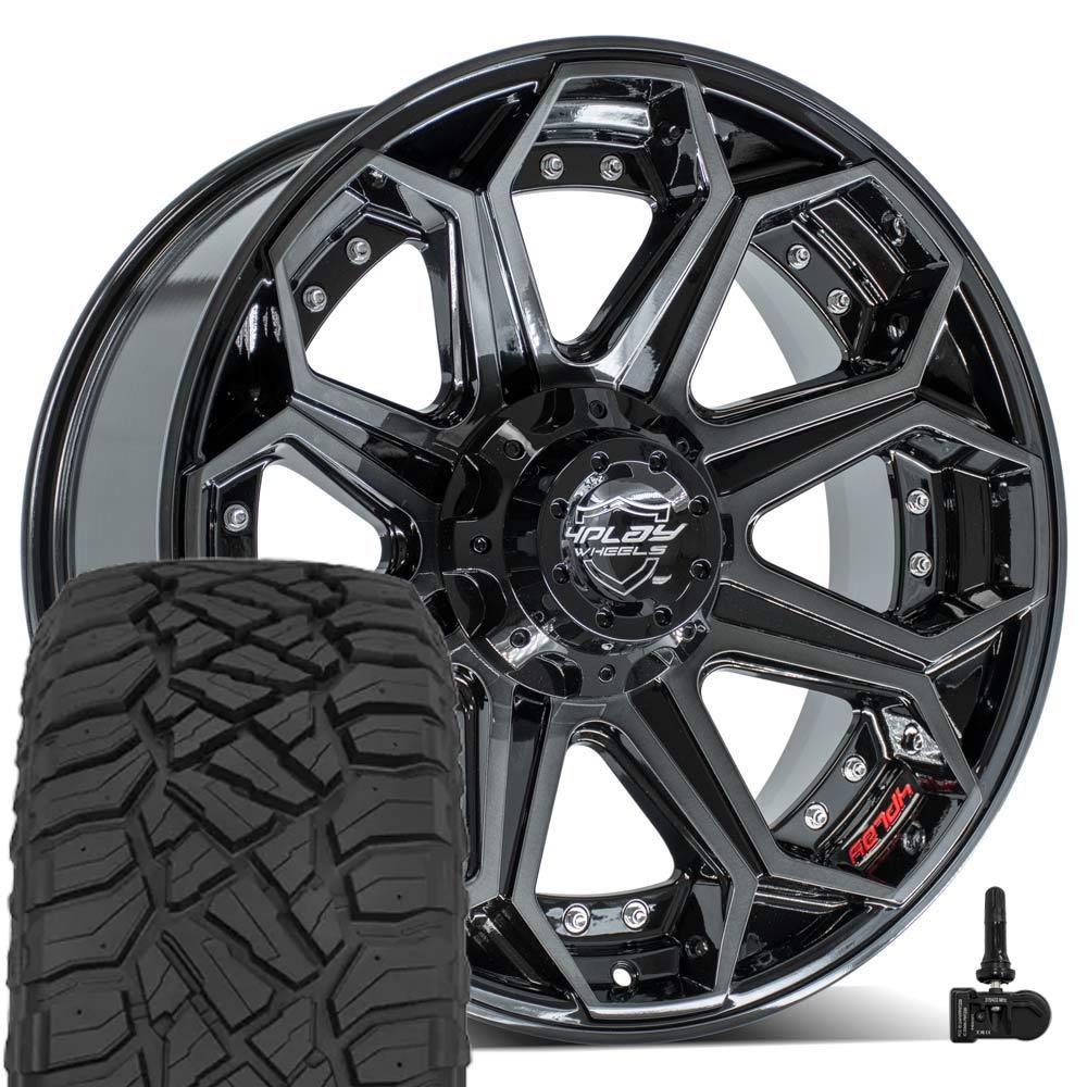 4PLAY 4P80R 20x9 5x127 + 5x139.7 Gloss Black Brushed with Tinted Clear Wheels 275-55-20 Sailun TerraMax RT Tires TPMS SET