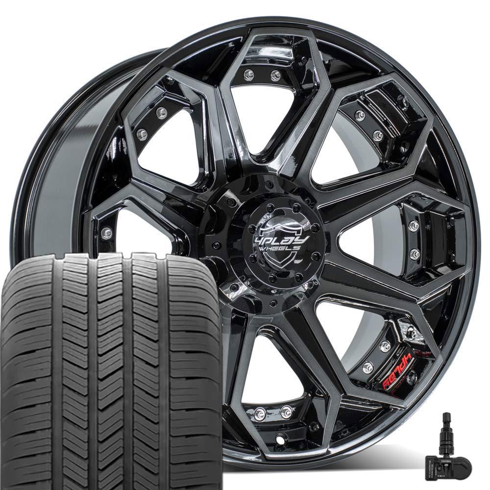 4PLAY 4P80 20x9 6x139.7 Gloss Black Brushed with Tinted Clear Wheels 275-55-20 Goodyear Eagle LS2 Tires TPMS SET