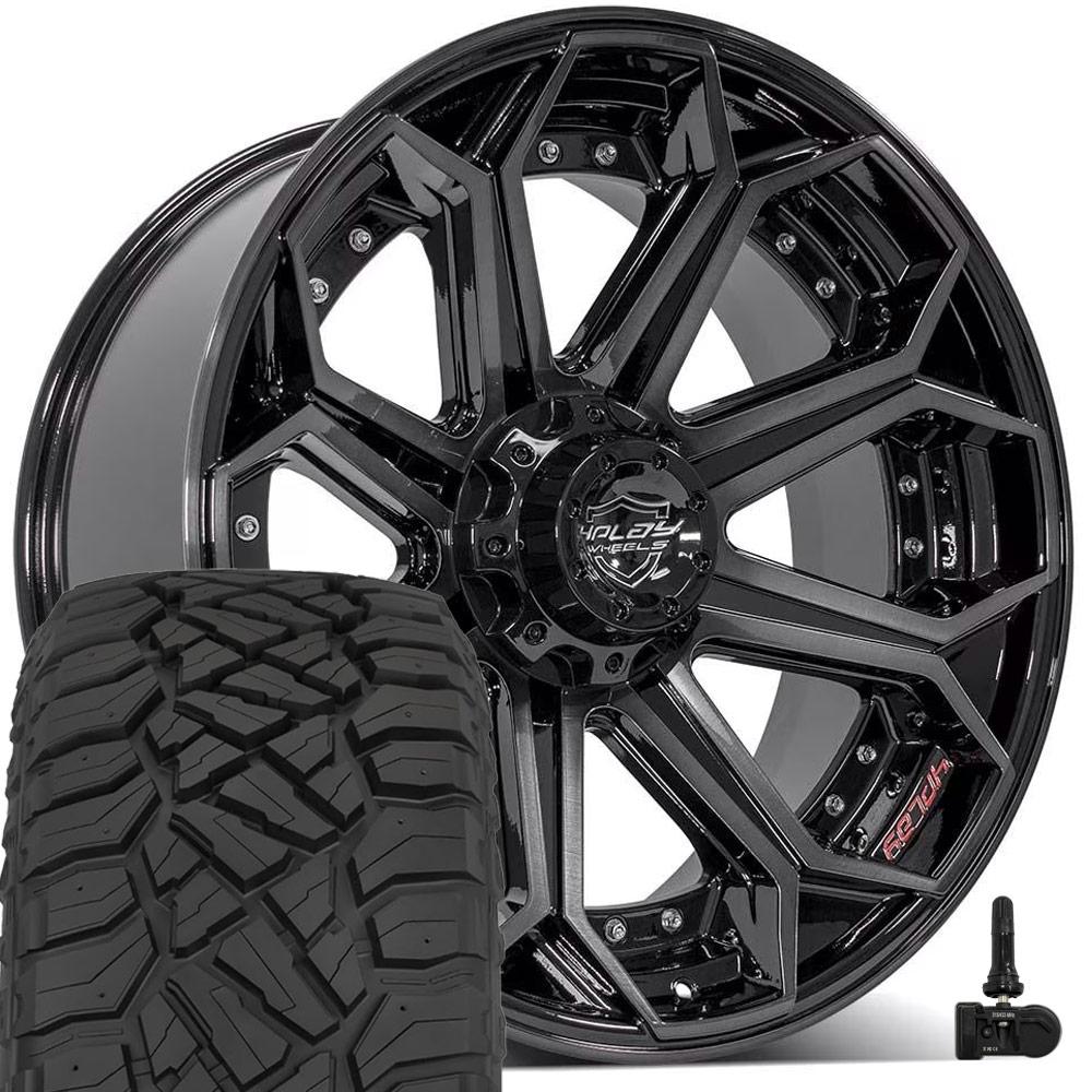 4PLAY 4P80R 22x10 5x127 + 5x139.7 Gloss Black Brushed with Tinted Clear Wheels 285-45-22 Sailun TerraMax RT Tires TPMS SET