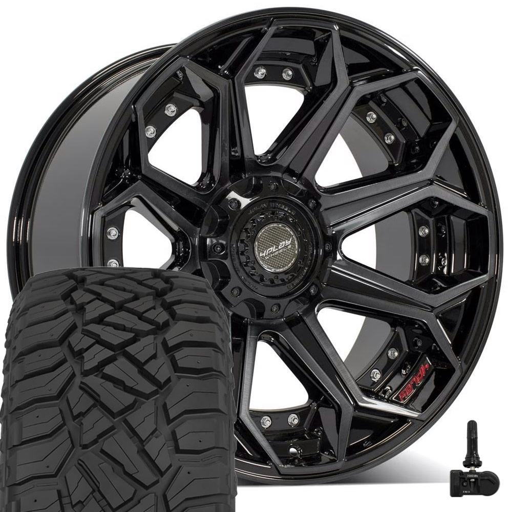 4PLAY 4P80RF 22x10 5x127 + 5x139.7 Gloss Black Brushed with Tinted Clear Wheels 285-45-22 Sailun TerraMax RT Tires TPMS SET