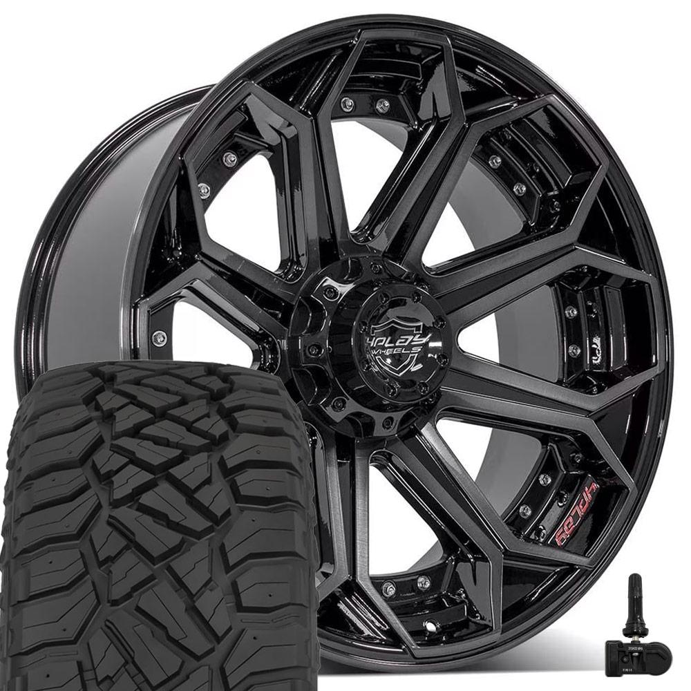 4PLAY 4P80R 22x10 6x135 + 6x139.7 Gloss Black Brushed with Tinted Clear Wheels 33x12.50-22 Sailun TerraMax RT Tires TPMS SET