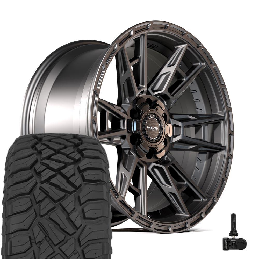 4PLAY 4PS20 20x9 5x127 + 5x139.7 Satin Black Wheels 275-55-20 Sailun TerraMax RT Tires TPMS SET