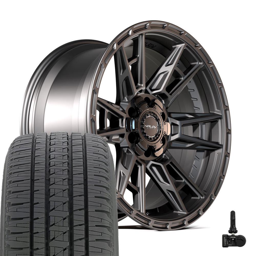4PLAY 4PS20 20x9 6x135 + 6x139.7 Satin Black Wheels 275-55-20 Bridgestone Dueler Alenza HL Plus Tires TPMS SET