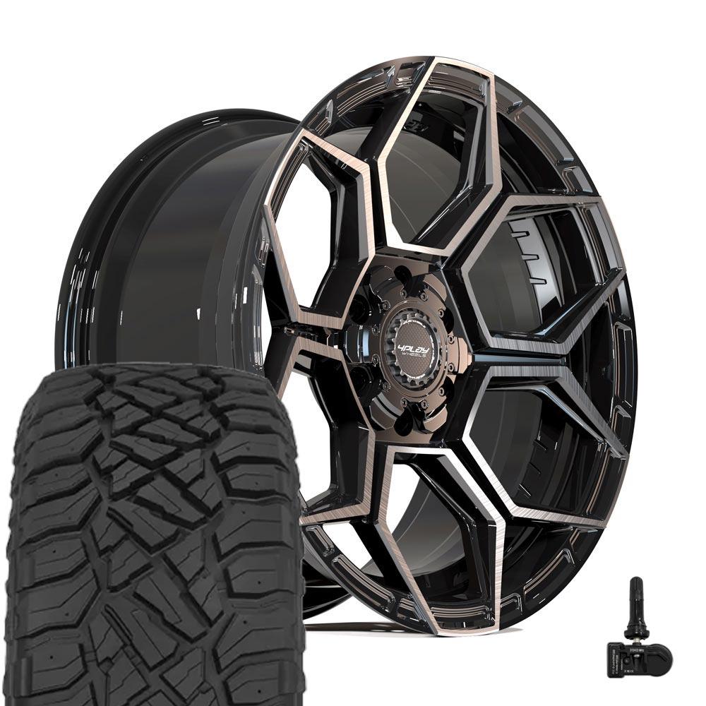 4PLAY 4PS26 20x9 6x135 + 6x139.7 Gloss Black Brushed with Tinted Clear Wheels 275-55-20 Sailun TerraMax RT Tires TPMS SET