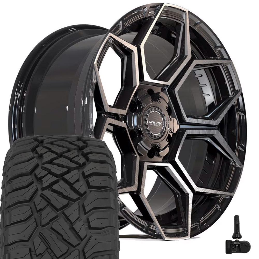 4PLAY 4PS26 22x10 6x135 + 6x139.7 Gloss Black Brushed with Tinted Clear Wheels 33x12.50-22 Sailun TerraMax RT Tires TPMS SET