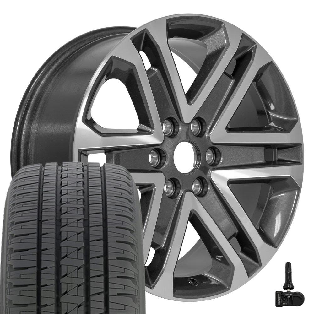 OEM Wheels FR64 20x8.5 6x135 Gloss Gunmetal Machined Wheels 275-55-20 Bridgestone Dueler Alenza HL Plus Tires TPMS SET