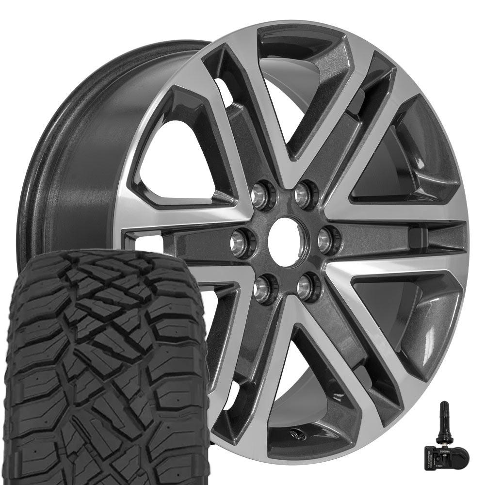 OEM Wheels FR64 20x8.5 6x135 Gloss Gunmetal Machined Wheels 275-55-20 Sailun TerraMax RT Tires TPMS SET
