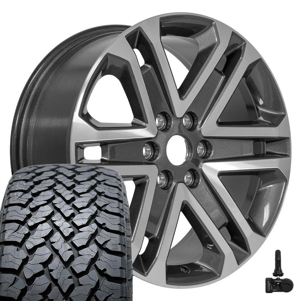 OEM Wheels FR64 20x8.5 6x135 Gloss Gunmetal Machined Wheels 275-55-20 TBB TS-37 AT Tires TPMS SET