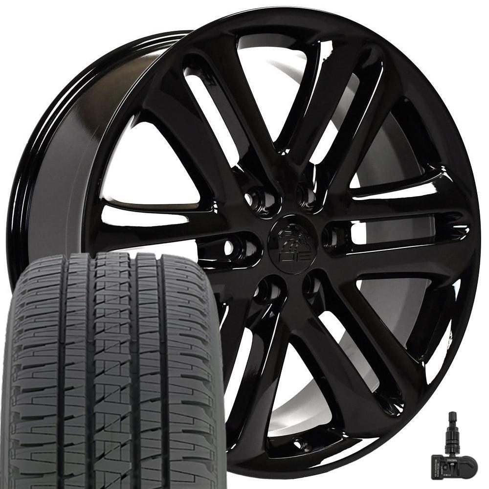 OE Wheels FR76 22x9 6x135 Gloss Black Wheels 285-45-22 Bridgestone Dueler Alenza HL Tires TPMS SET