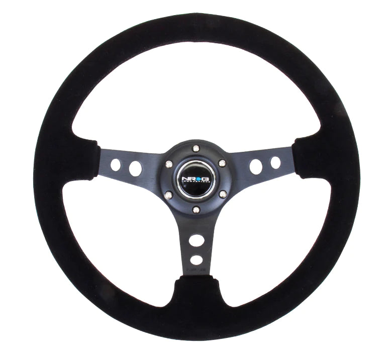 NRG Reinforced Steering Wheel (3in. Deep) Blk Suede/Blk Stitch w/Black Circle Cutout Spokes