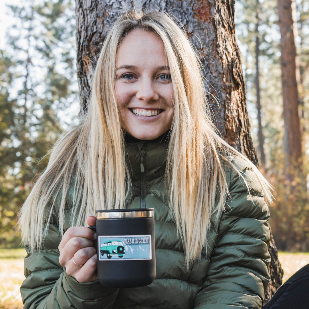 Teal VW Bus on the Road to the Mountains Washington Sticker