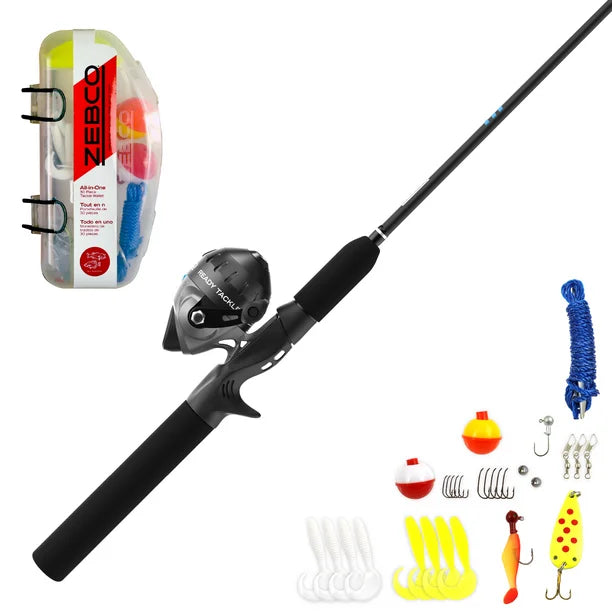 Zebco Ready Tackle Spincast Reel and Fishing Rod Combo, 5-Foot 6-Inch Fishing Pole, 30-Piece Tackle Kit, Right-Hand Retrieve, Black