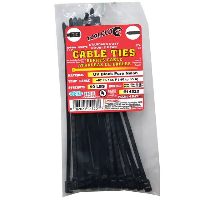Tool City Black 8.25" 50 lb. Tensile Double Head Cable Ties, 25 Piece Black