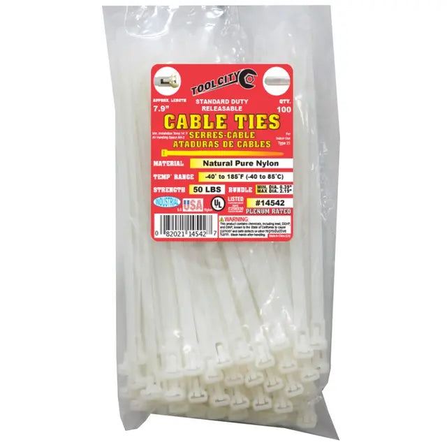 Tool City Natural 7.9" 50 lb. Tensile Releasable Standard Duty Cable Ties, 100 Piece White