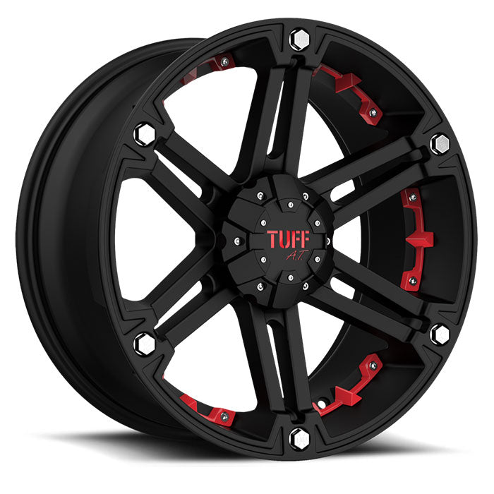 Tuff T01 17X8 -13 5X114.3/5X127/5X4.5/5.0 FLAT BLACK W/ RED INSERTS